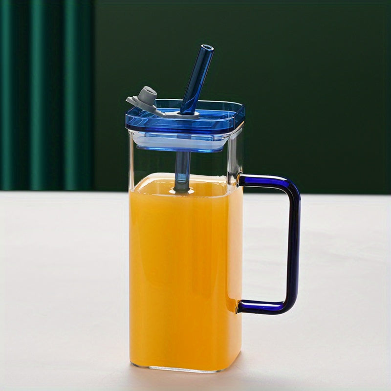 square glass cup with handle and straw, view 2 - MRSLM