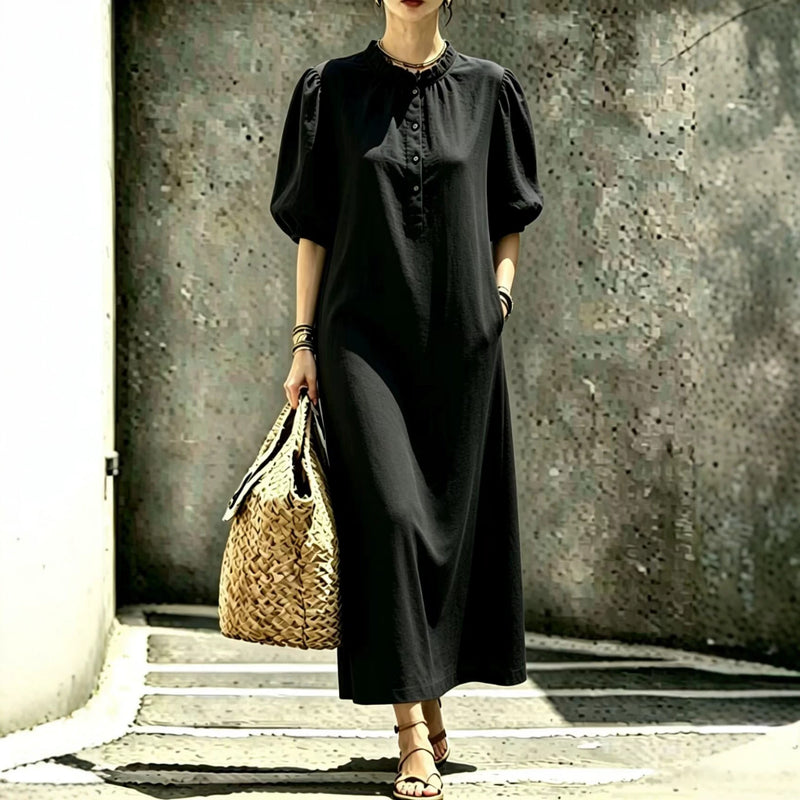 Women's puff sleeve stand collar straight dress, view 4 - MRSLM