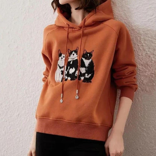 plush cat embroidery hooded pullover top - MRSLM