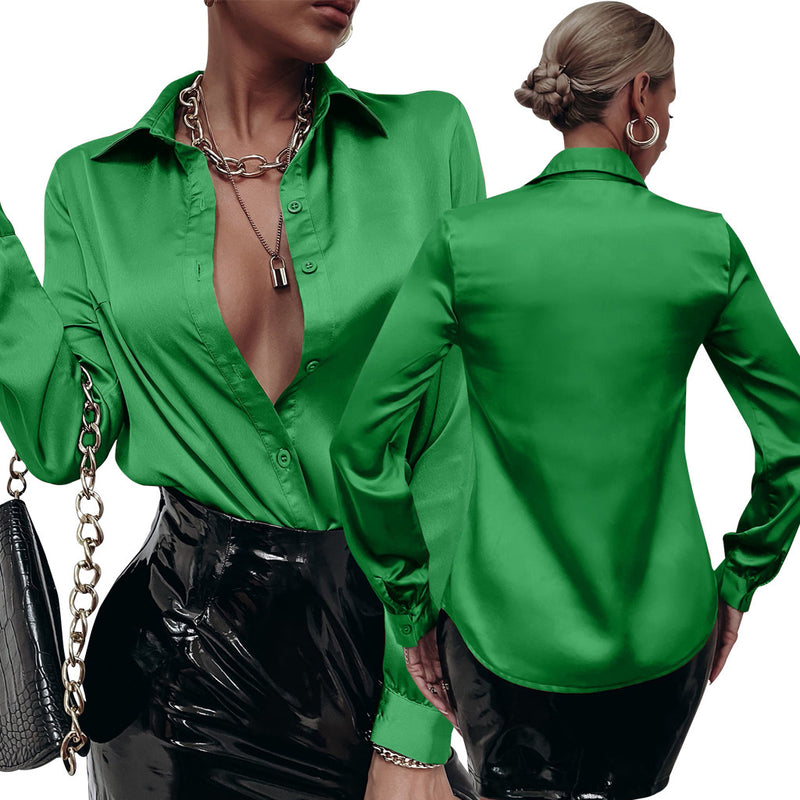 satin pleated long sleeve loose top, view 6 - MRSLM