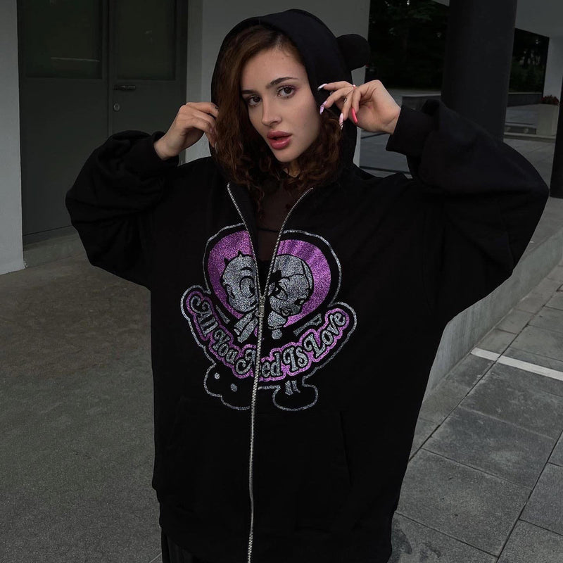cute bear glitter print black sweater - MRSLM