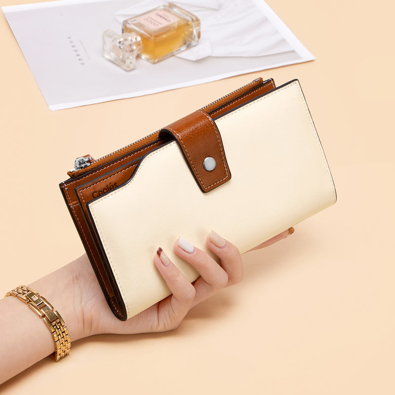 elegant women's long leather wallet, view 3 - MRSLM