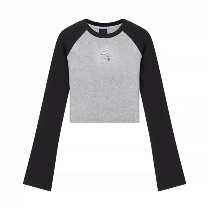 Autumn And Winter Korean Style Sense Of Design Raglan Sleeve Black And Gray Contrast Color Long Sleeves Women