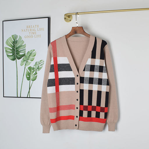 Women's V-neck geometric knit cardigan - MRSLM