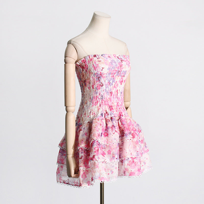 floral tube top ruffled beach dress, view 3 - MRSLM