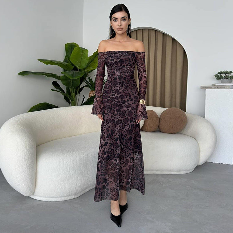 Leopard print off-shoulder bell sleeve dress, view 6 - MRSLM