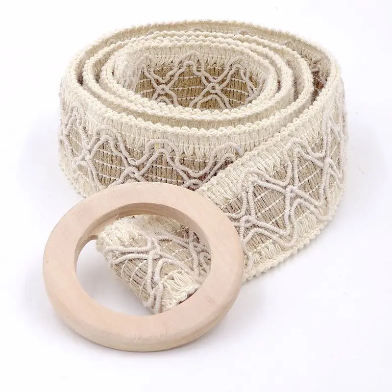 Boho crochet lace belt with wooden buckle, view 2 - MRSLM