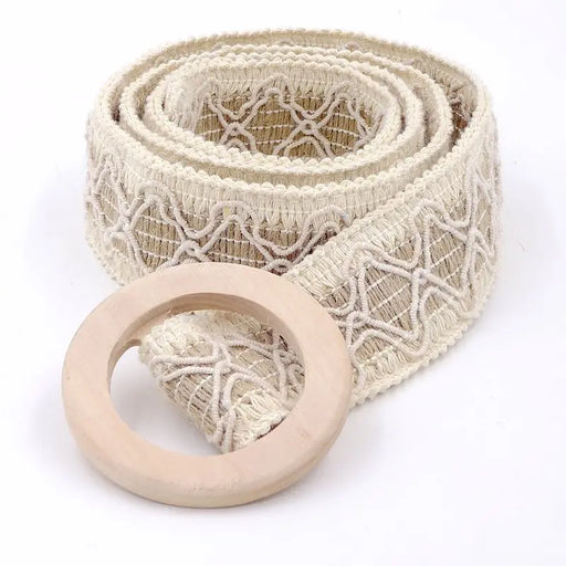 Boho crochet lace belt with wooden buckle, view 2 - MRSLM