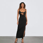 lace patchwork slim dress with thigh slit, view 7 - MRSLM