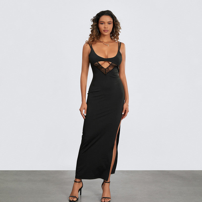lace patchwork slim dress with thigh slit, view 7 - MRSLM