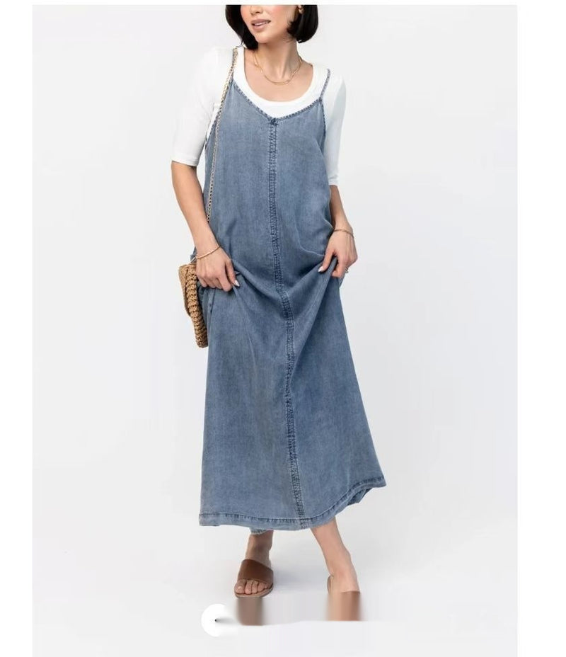 cotton suspender denim dress, view 2 - MRSLM