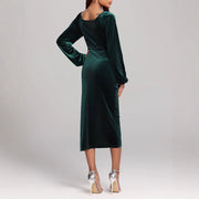 women's green velvet v-neck pleated dress, view 2 - MRSLM