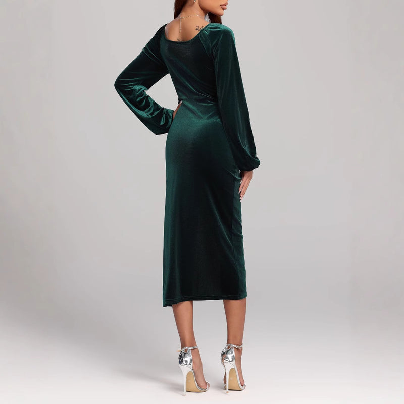 women's green velvet v-neck pleated dress, view 2 - MRSLM