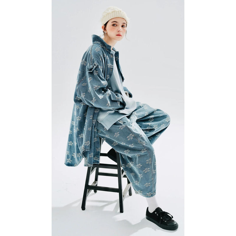 Floral jacquard denim long shirt coat, view 2 - MRSLM