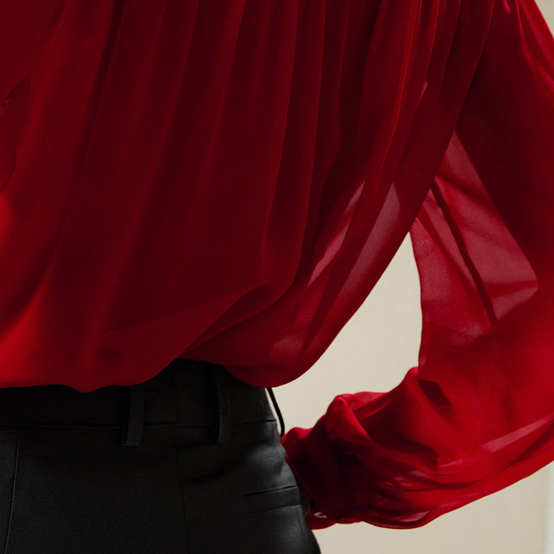 sheer silk mesh bow-tie blouse, view 8 - MRSLM