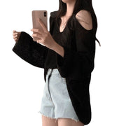 women's off shoulder v-neck thin knit top, view 2 - MRSLM