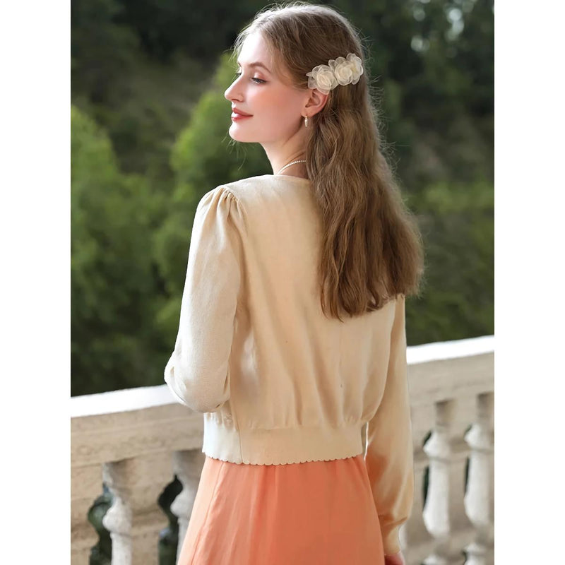 apricot V-neck knit cardigan, view 6 - MRSLM