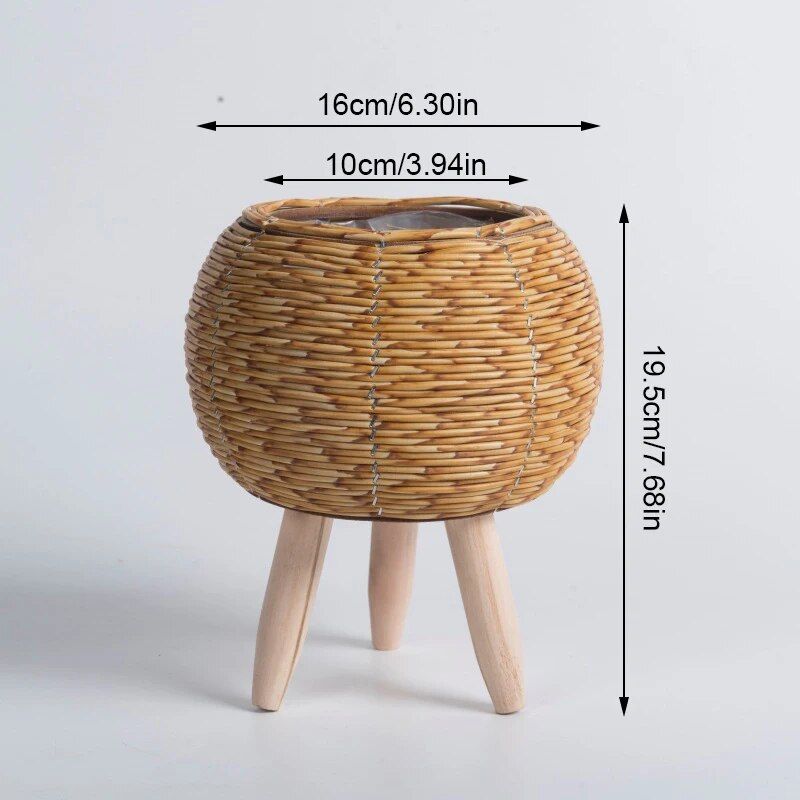 nordic woven plant stand with wooden legs, view 13 - MRSLM