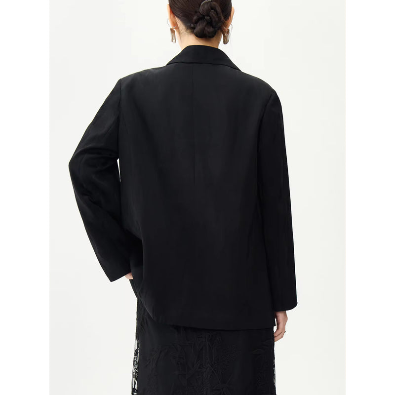 black blazer coat with neckline ribbon, view 7 - MRSLM