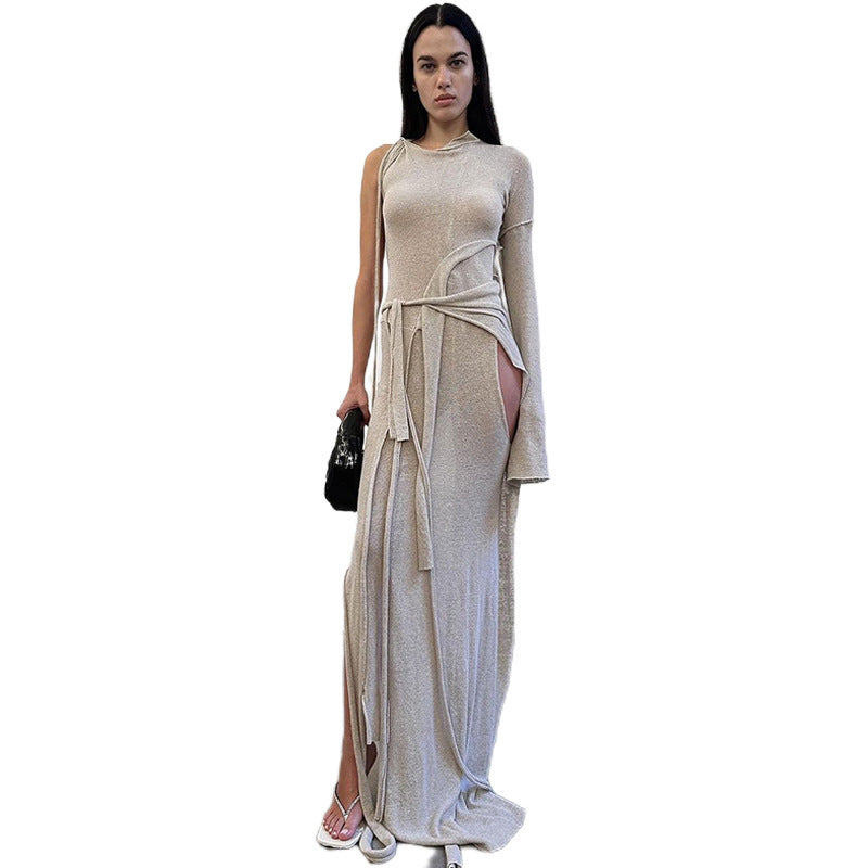 one-shoulder lace-up high waist dress, view 5 - MRSLM
