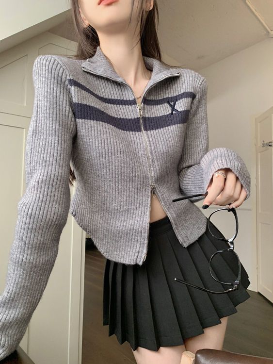 women's slim zip stand collar sweater coat, view 4 - MRSLM