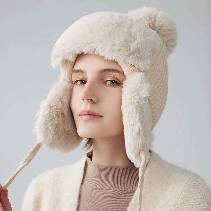 Women's faux fur knitted beanie with earflaps, view 7 - MRSLM