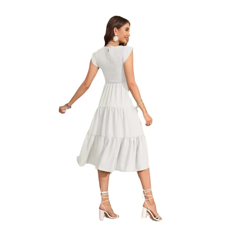 Flying sleeve pleated chiffon swing dress, view 5 - MRSLM