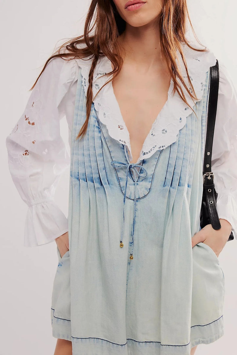 v-neck sleeveless denim shorts jumpsuit, view 7 - MRSLM