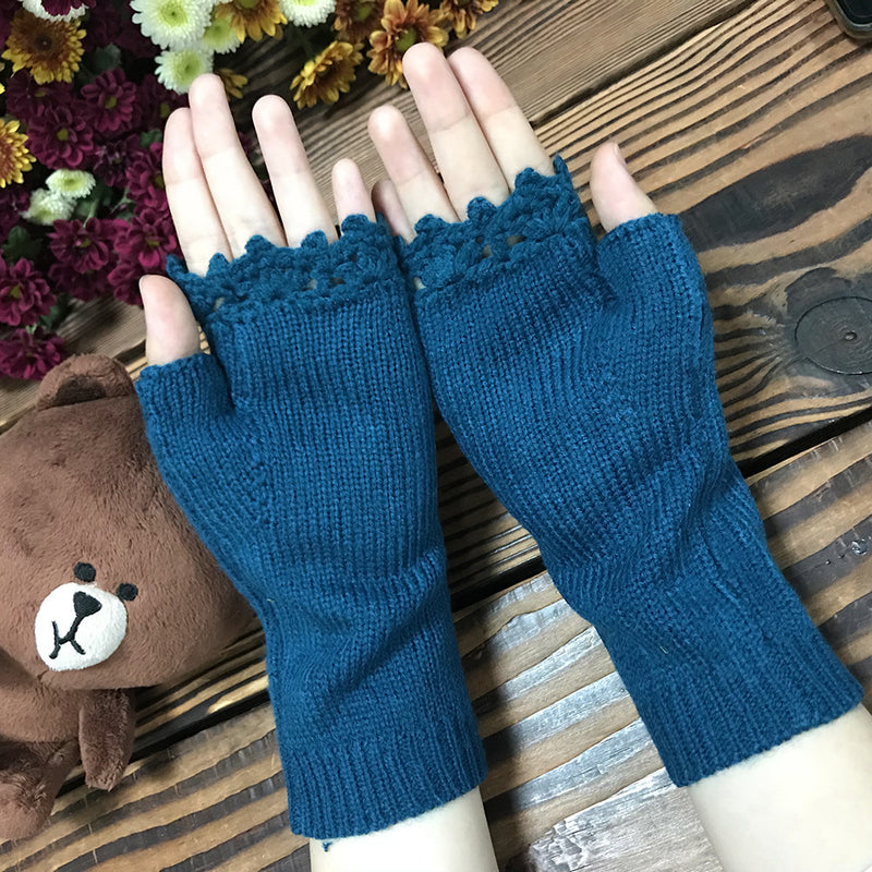 embroidered floral knitted half finger gloves, view 4 - MRSLM