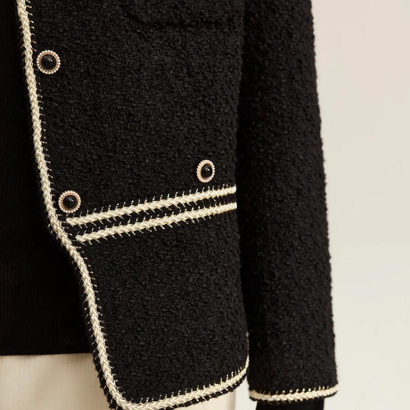 elegant crewneck beaded buckle jacket, view 9 - MRSLM