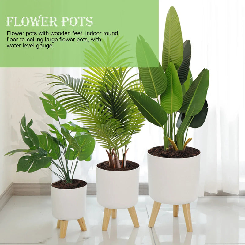 Modern self-watering planter with wooden stand, view 4 - MRSLM