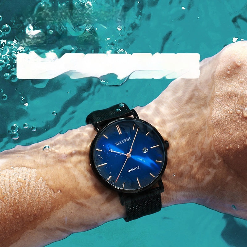 ultra-thin blue dial quartz watch, view 3 - MRSLM