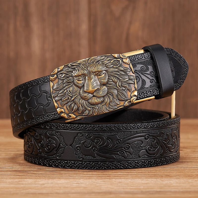 men's 3.5CM leather belt lion pattern buckle, view 7 - MRSLM