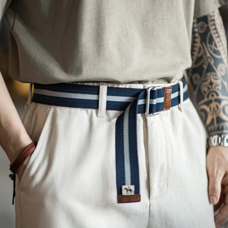 retro double-ring buckle striped belt - MRSLM