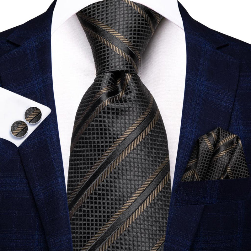 Black brown striped necktie set, view 2 - MRSLM