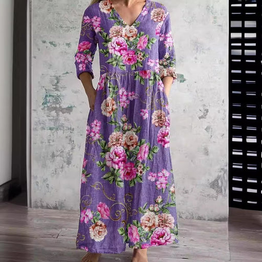 Women's loose V-neck printed dress - MRSLM