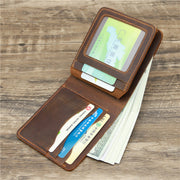 Men's crazy horse leather trifold wallet, view 3 - MRSLM