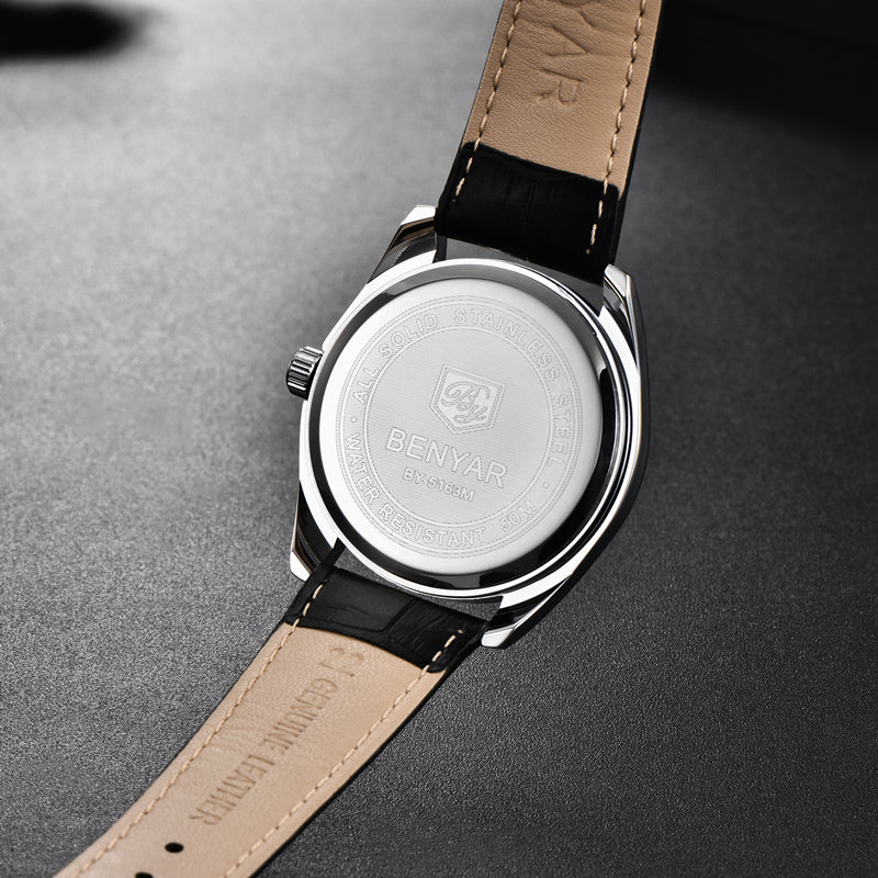 men's leather band quartz watch, view 8 - MRSLM