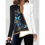 women's flower print v-neck asymmetric top, view 3 - MRSLM