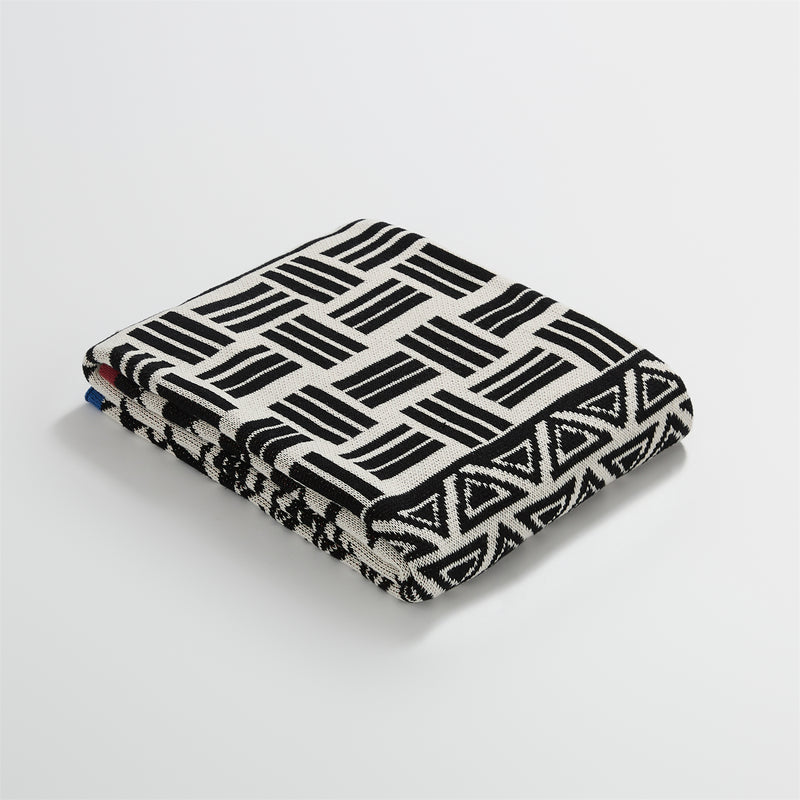 geometric pattern cotton blanket with stripe edge, view 2 - MRSLM