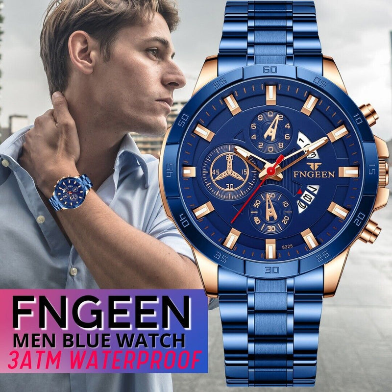 men's blue dial stainless steel quartz watch, view 8 - MRSLM