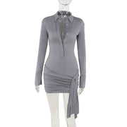 semi see-through ribbon lapel dress, view 8 - MRSLM