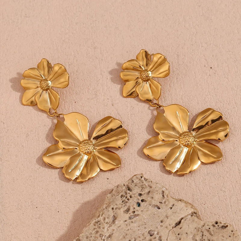 gold plated two flower drop earrings, view 5 - MRSLM