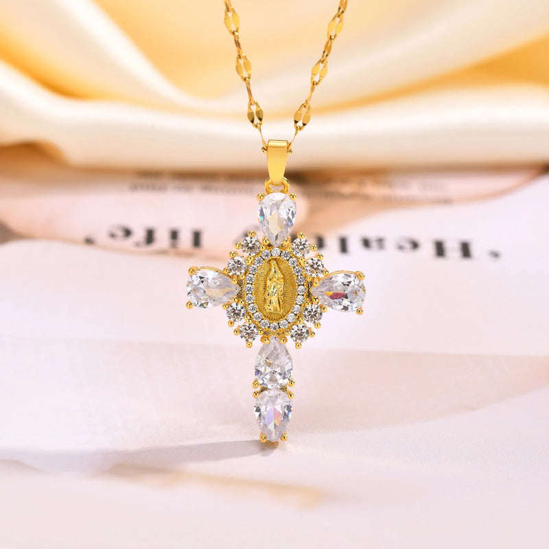 rhinestone cross pendant necklace, view 6 - MRSLM