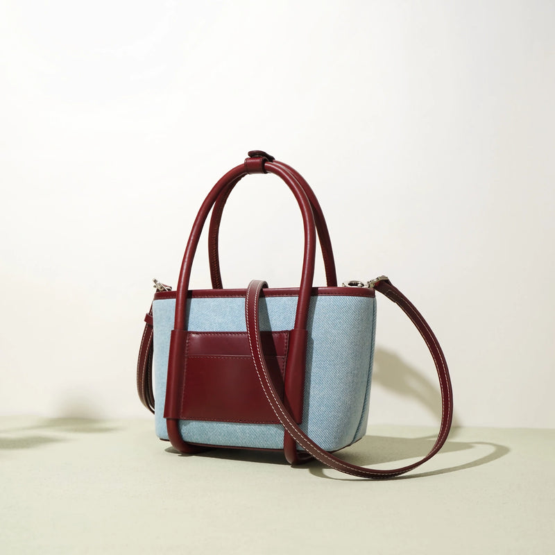Mini denim and leather crossbody tote, view 2 - MRSLM