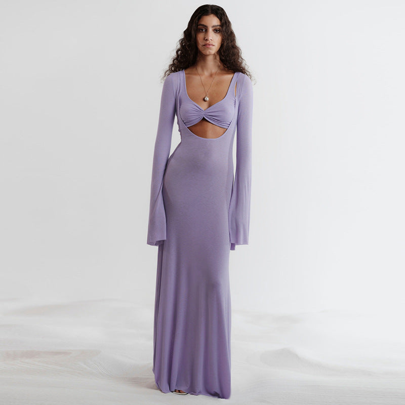 U-shaped collar long sleeve maxi dress, view 2 - MRSLM