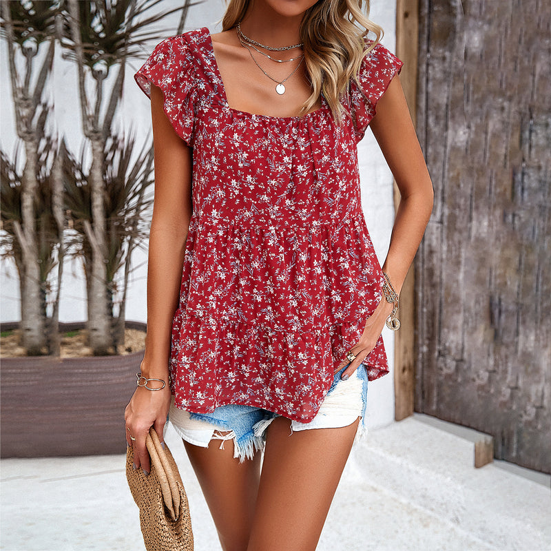 floral square neck ruffled top, view 3 - MRSLM