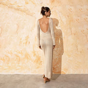 v-neck backless long sleeve knitted dress, view 2 - MRSLM