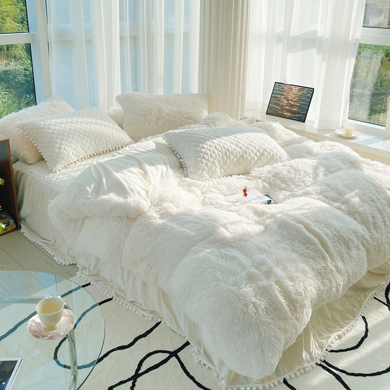 Milk Fiber Winter Faux Mink Bed Four-piece Long Plush Quilt Cover Coral Velvet Double-sided Plush Fleece-lined Quilted Bed Skirt Princess Style