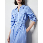 blue striped a-line shirt dress, view 4 - MRSLM